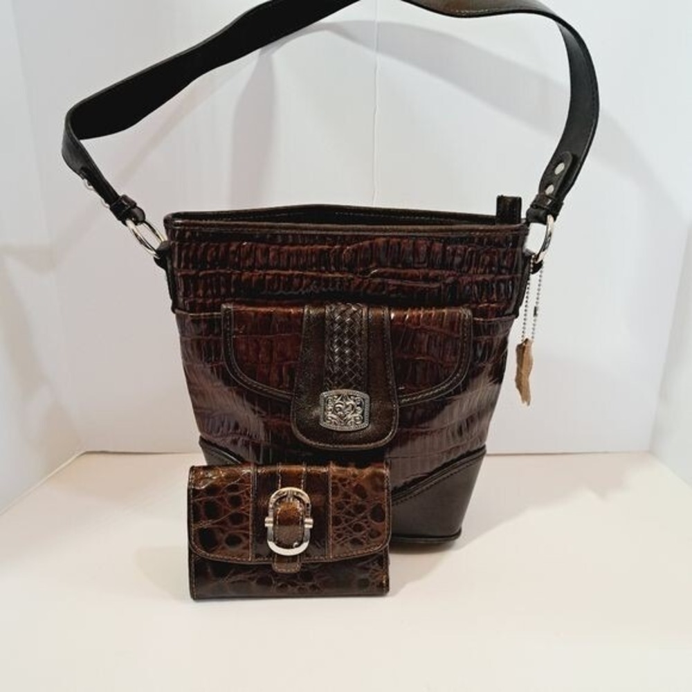 Baggs Shoulder Bag Women Medium Brown Croc Embossed Leather Wallet Set Buckle